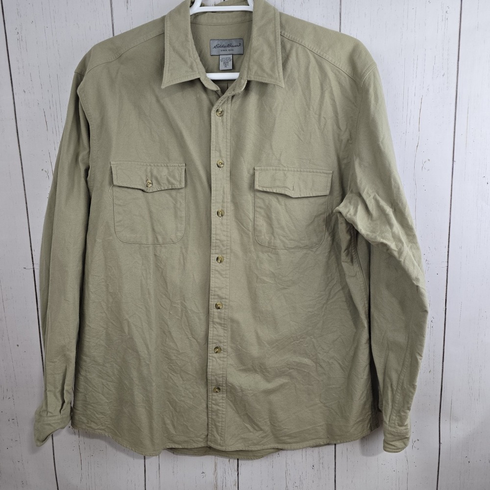 Eddie Bauer Button Down Shirt Mens XL Tall Khaki Tan Cotton Long Sleeve Utility